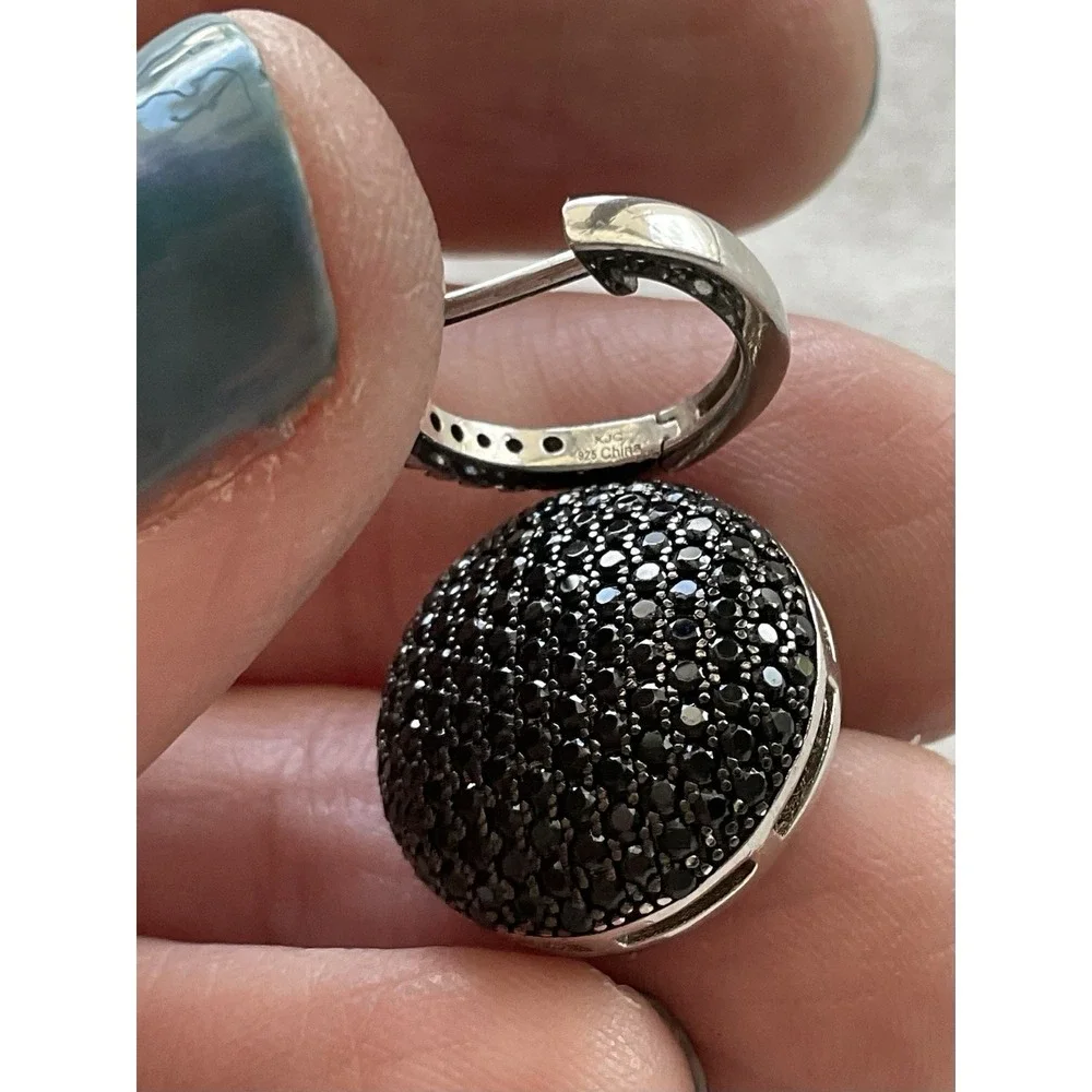 925 Sterling Silver Pave-set black spinel ball design Drop Earrings - Picture 6 of 9